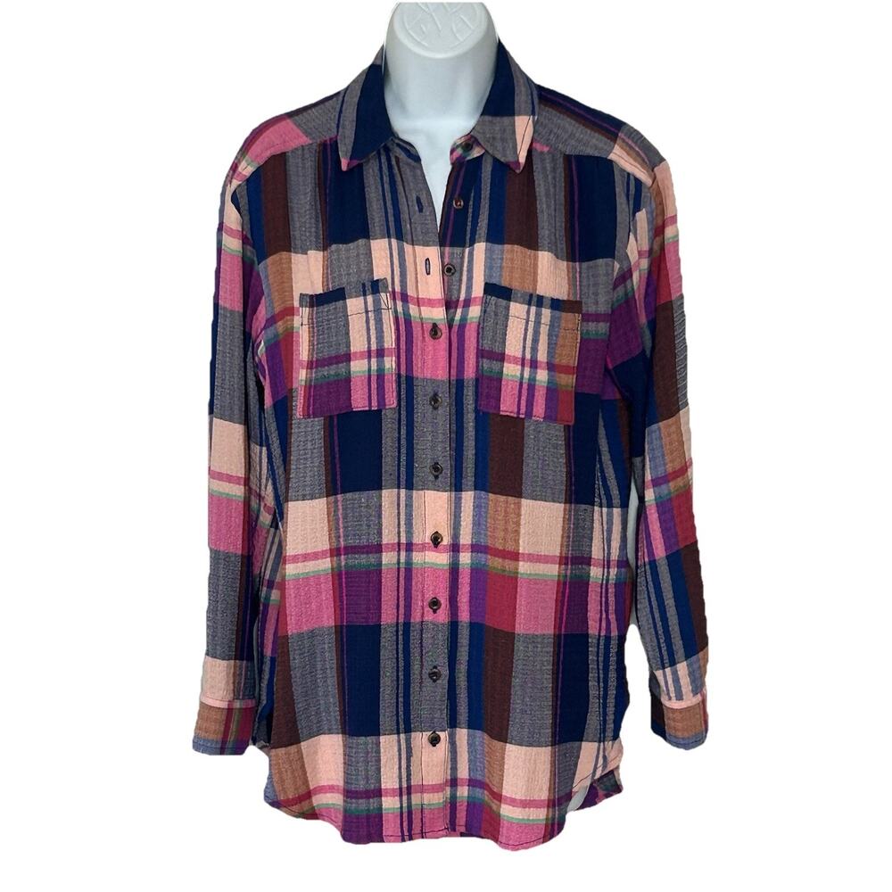 Anthropologie Pilcro Gauzy Plaid Shirt Oversized XXS Button Up‎ Lightweight
